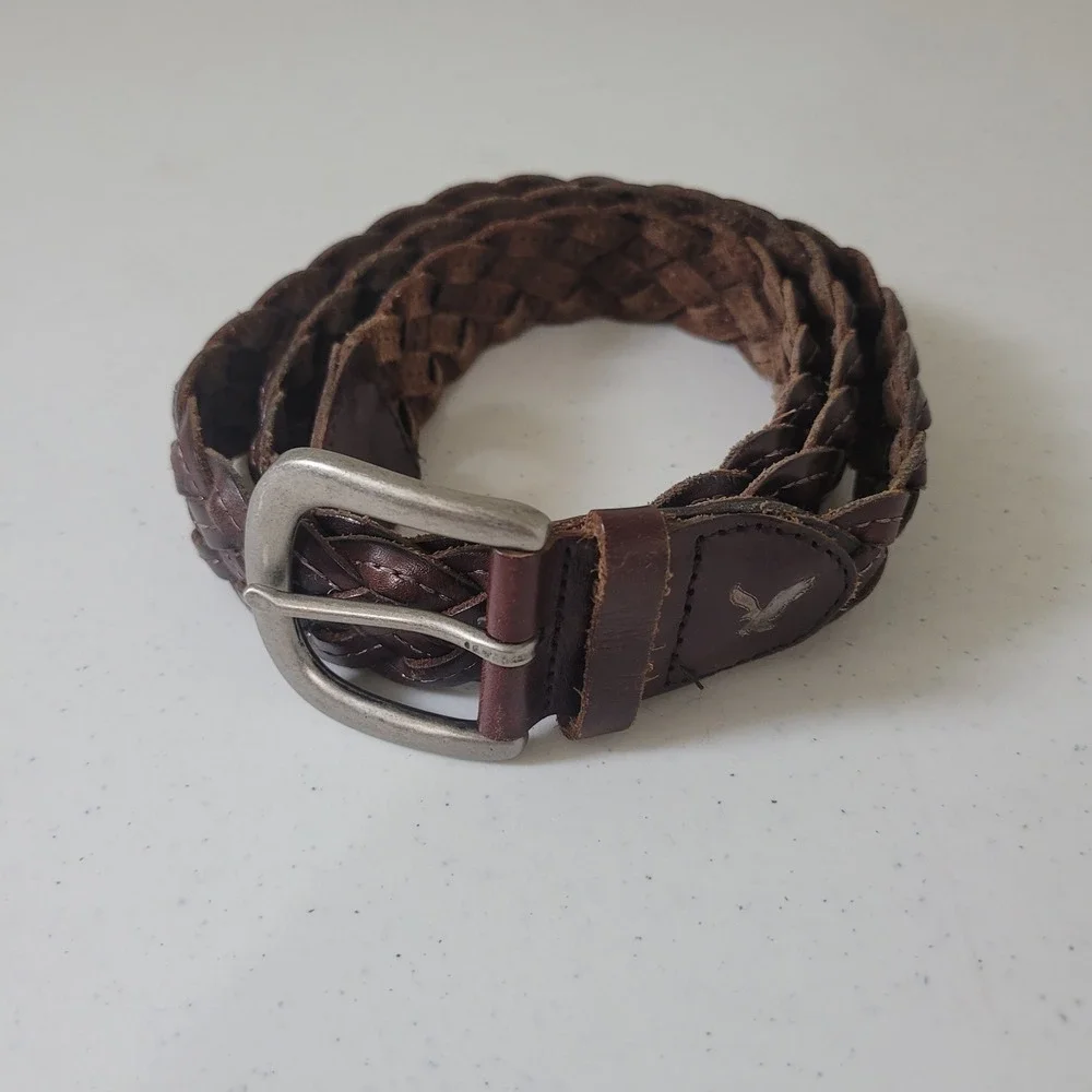 American Eagle Size L/XL Braided Belt Women Dark Brown Leather Silver Buckle